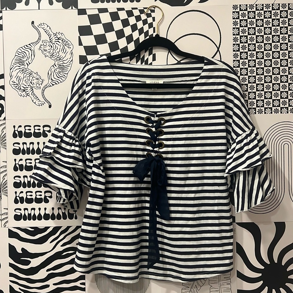 Striped Lace-Up Front Navy Blouse Oversized Small Top